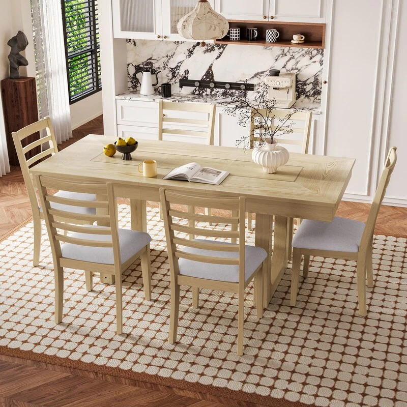 7-Piece Expandable Dining Set – Farmhouse-Style Extendable Table & 6 Upholstered Chairs, Rustic Wood Kitchen Table .