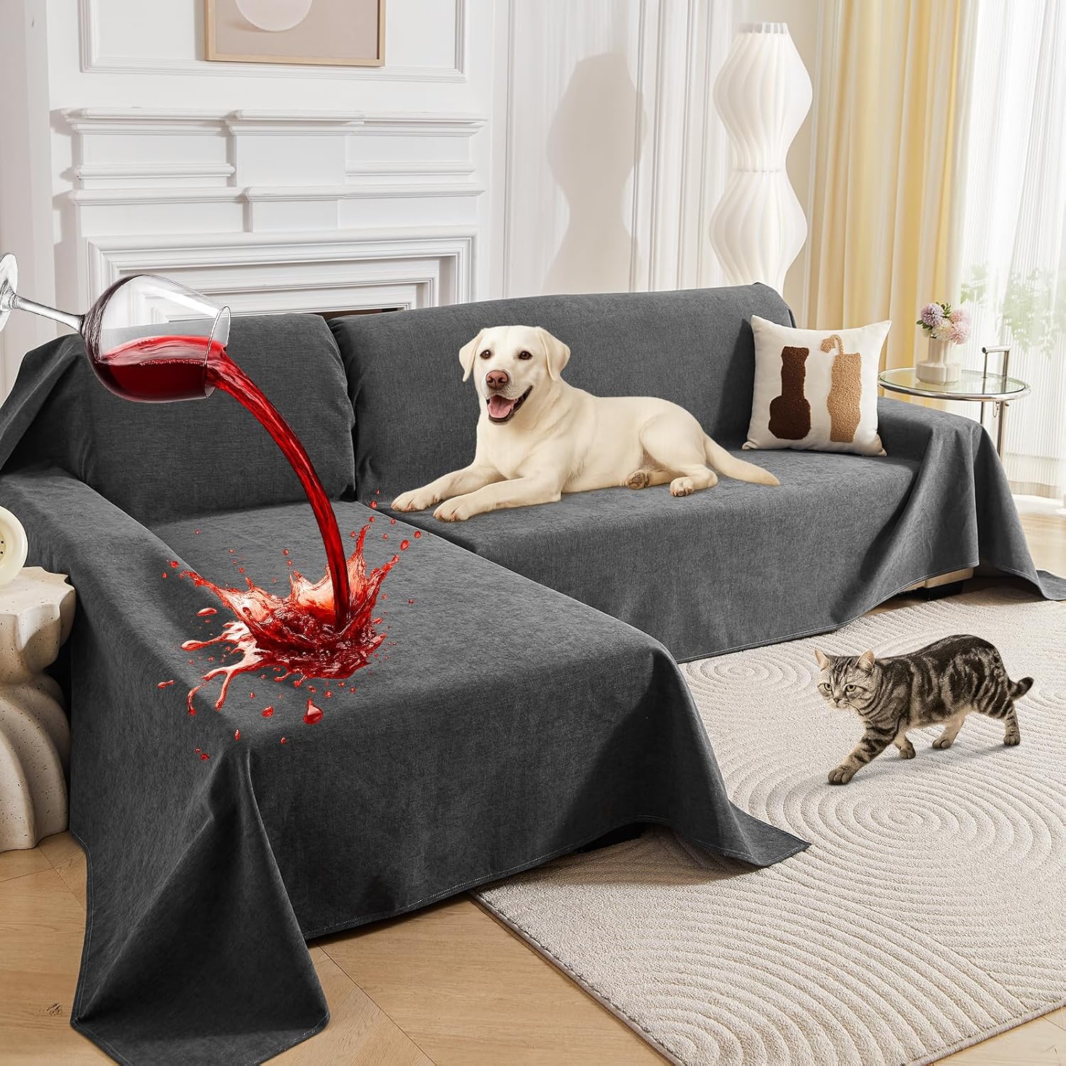 Deep Dream Sectional Couch Covers, 2 Pieces 100% Waterproof L Shaped Sofa Cover, Non Slip Couch Cover for Dogs Cats Washable, Pet Friendly Sofa Slipcovers Furniture Protector (XX-Large, Dark Grey)