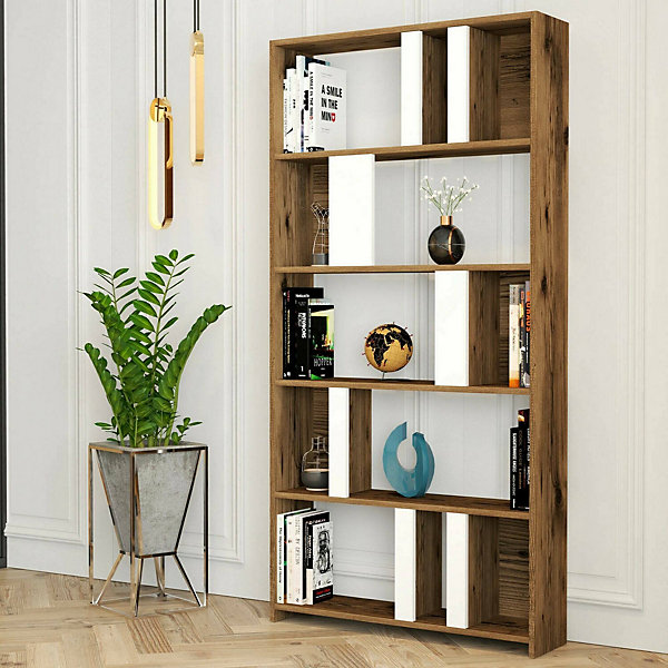 Bibliothèque Scapolita, Etagère de bureau, Porte-livre mobile, Librairie, 90x20h180 cm, Noyer et Blanc