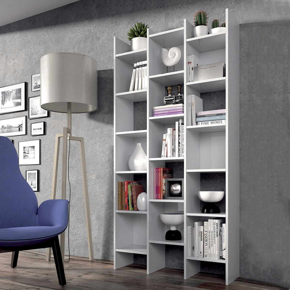 ROCKFORD - Bibliothèque avec 18 étagères effet bois blanc