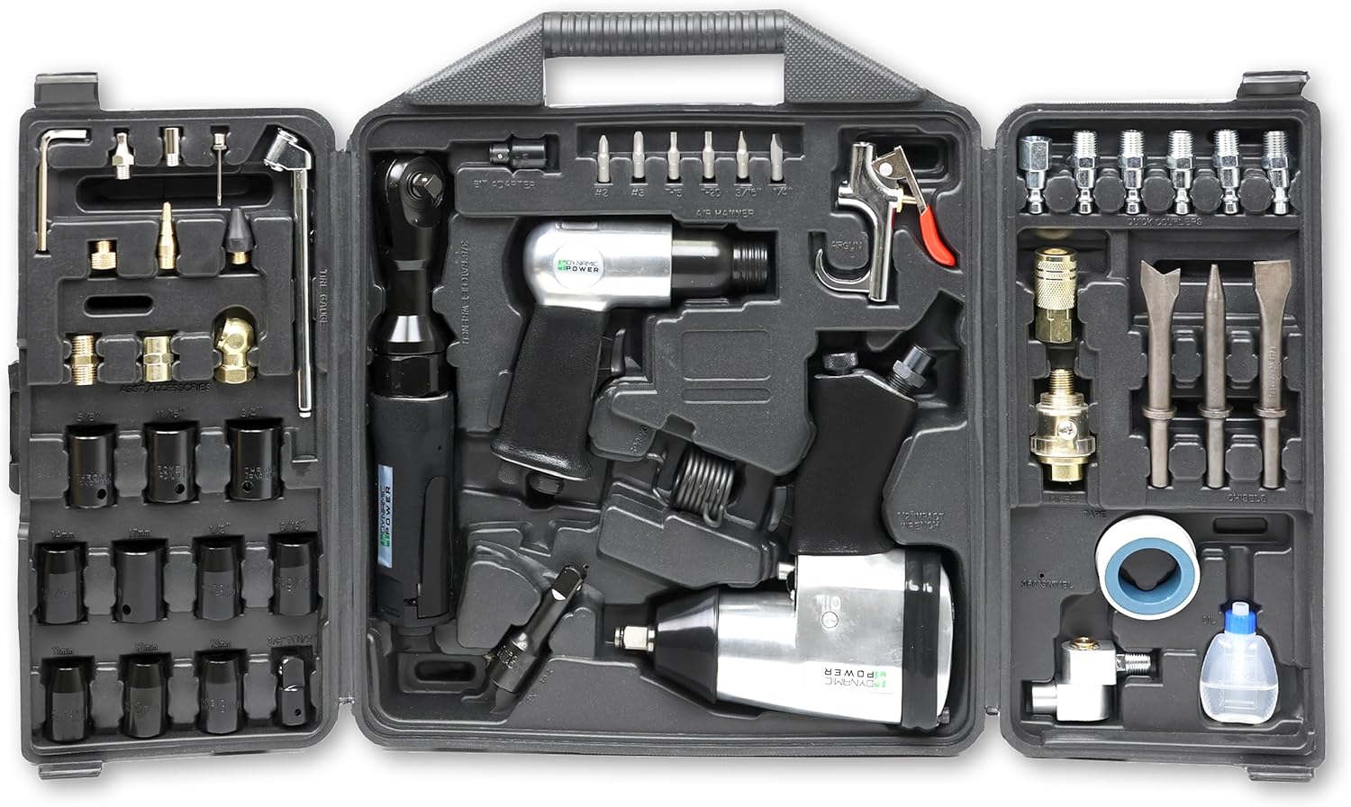 DYNAMIC POWER 50 Pieces Air Tool Kit. 1-1/2'' Impact Wrench, 1-3/8'' Ratchet Wrench, 5-Air Hammer w/Chisels, and other great tool accessories. D-W3-50K