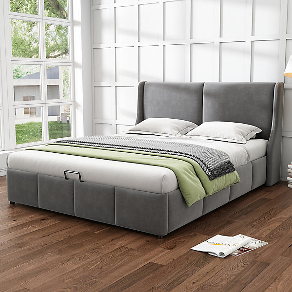 Lit coffre 140x190 cm - Lit double capitonné avec tête de lit oreille - Velours - Sans Matelas - Gris
