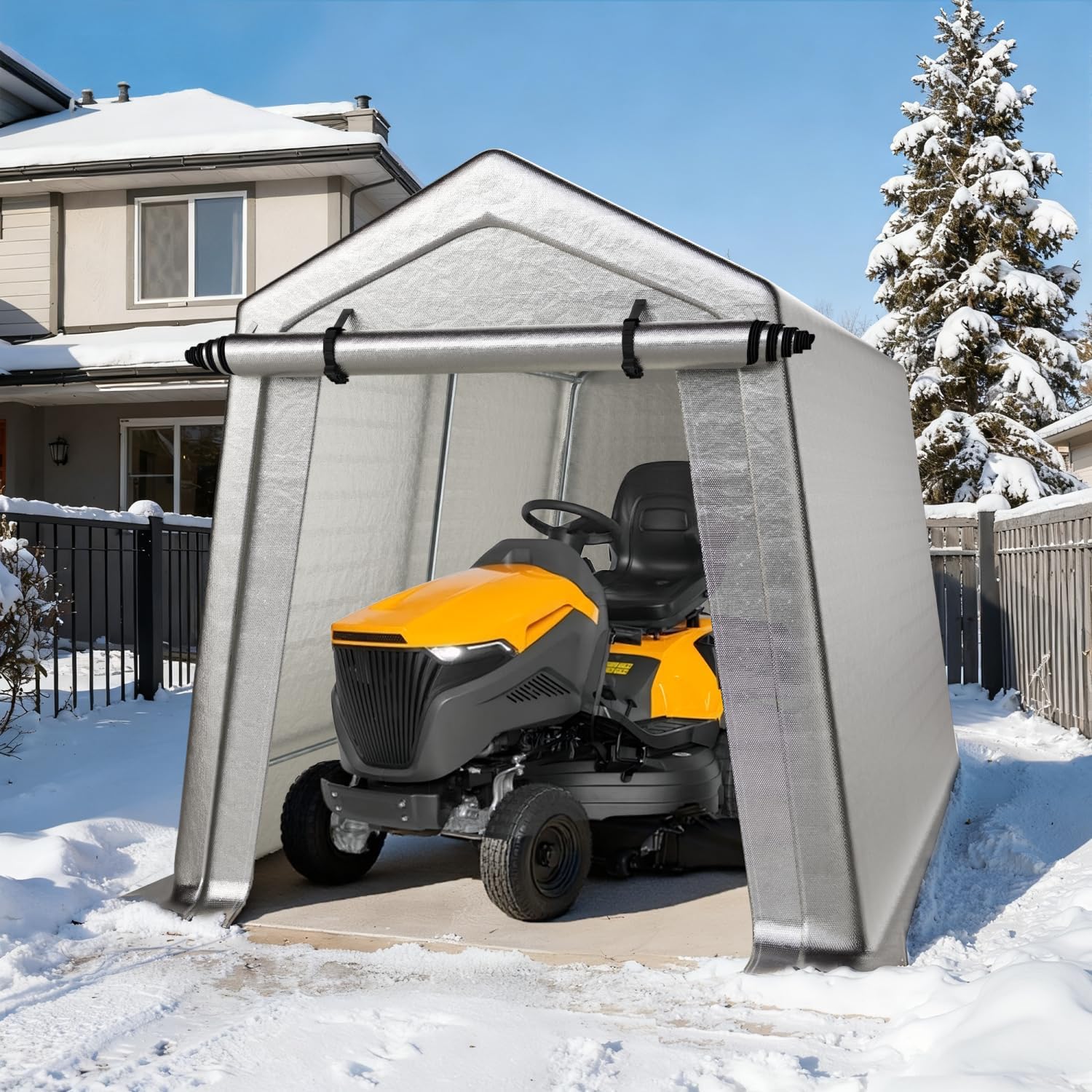 LINKHOO 7 x 10 FT Carport, Portable Shed w/220G Heavy Duty Waterproof PE Tarp, Roll-up Zipper Door & Vent, Weather-Resistant Storage Shed for Motorcycle, Bike and Tools, Gray