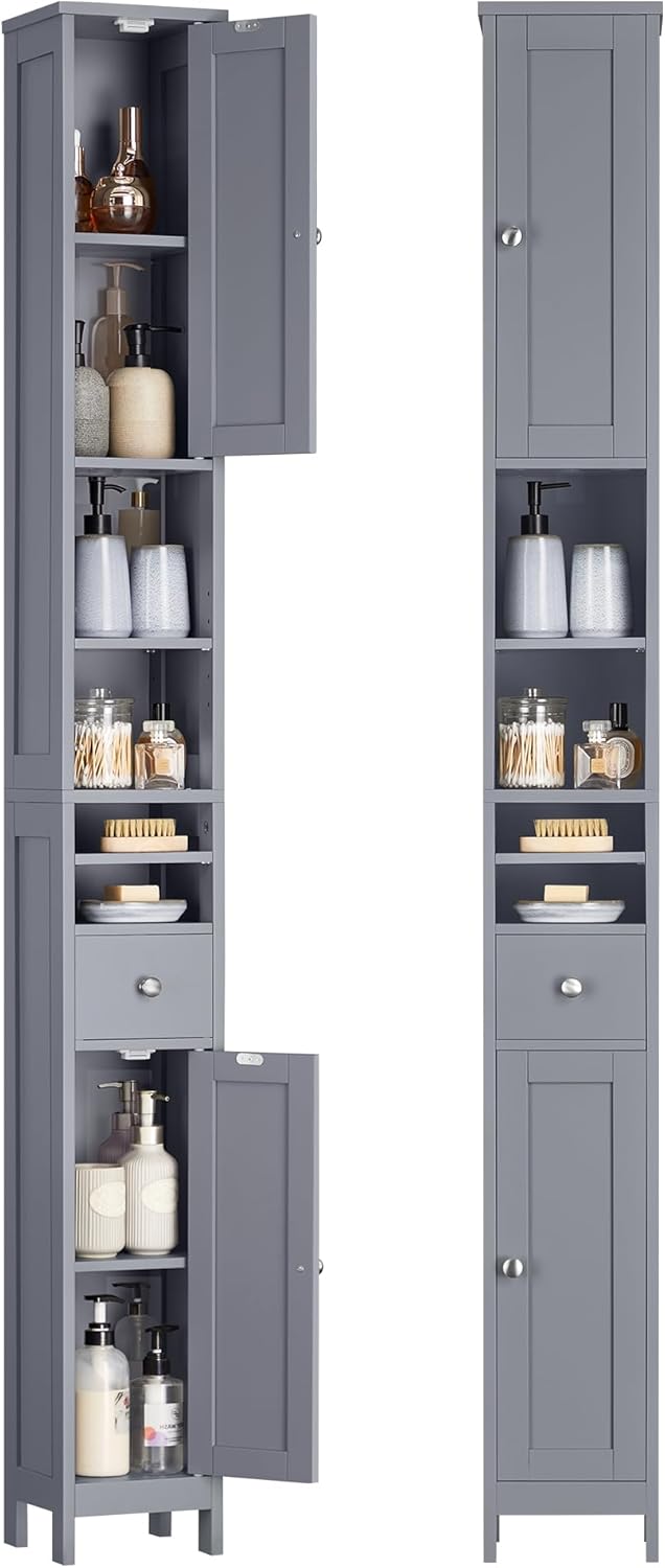 VASAGLE Tall Bathroom Cabinet, Slim Freestanding Bathroom Storage Cabinet with Adjustable Shelves, Drawer, Open Compartments, for Small Spaces, Modern, Dove Gray UBBC765G02