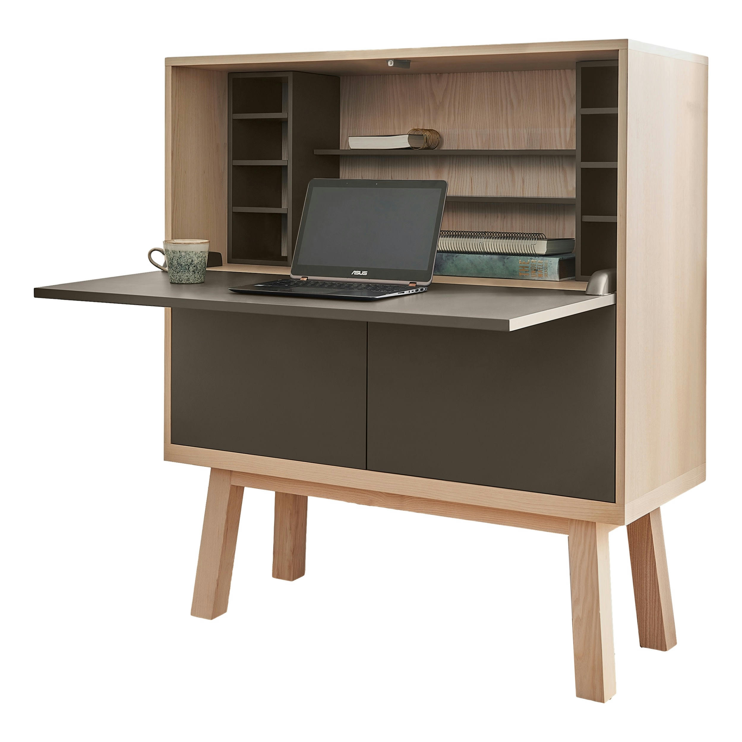 KUBE - Bureau secrétaire avec rangement, 120 cm de large, en frêne