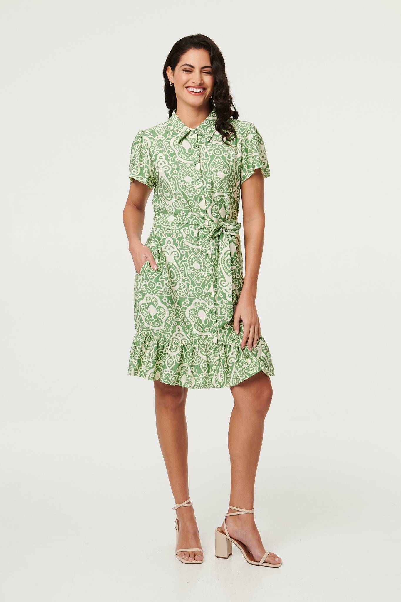 Izabel London Printed Short Sleeve Tie Short Dress