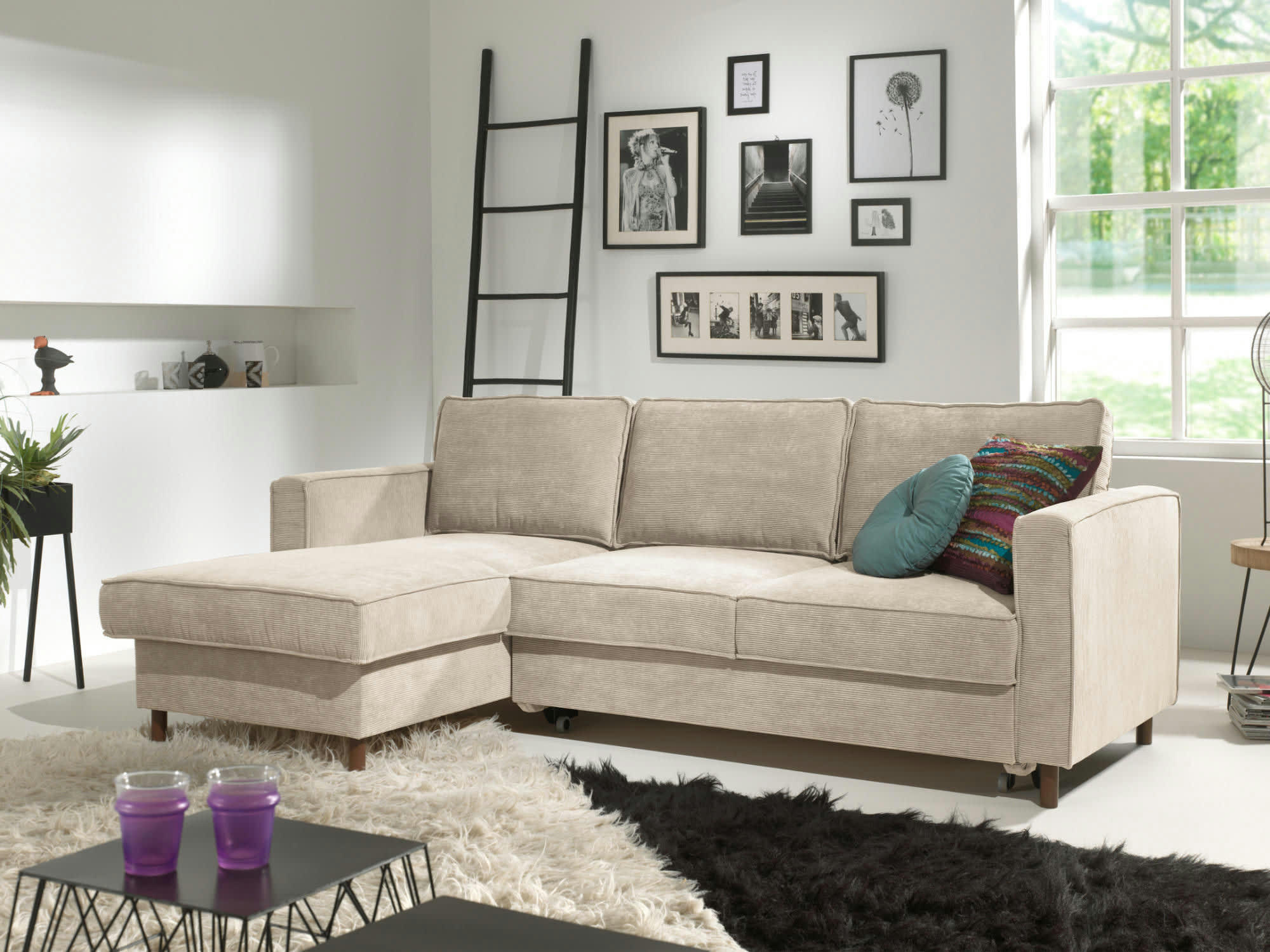 JAKE - Canapé d'angle gauche convertible 4 places en velours côtelé beige