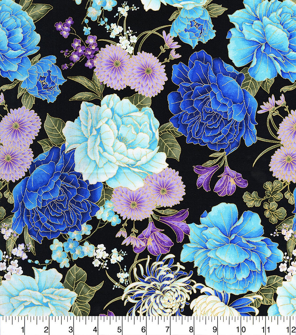 Hi Fashion Blue & Purple Rose Premium Metallic Cotton Fabric