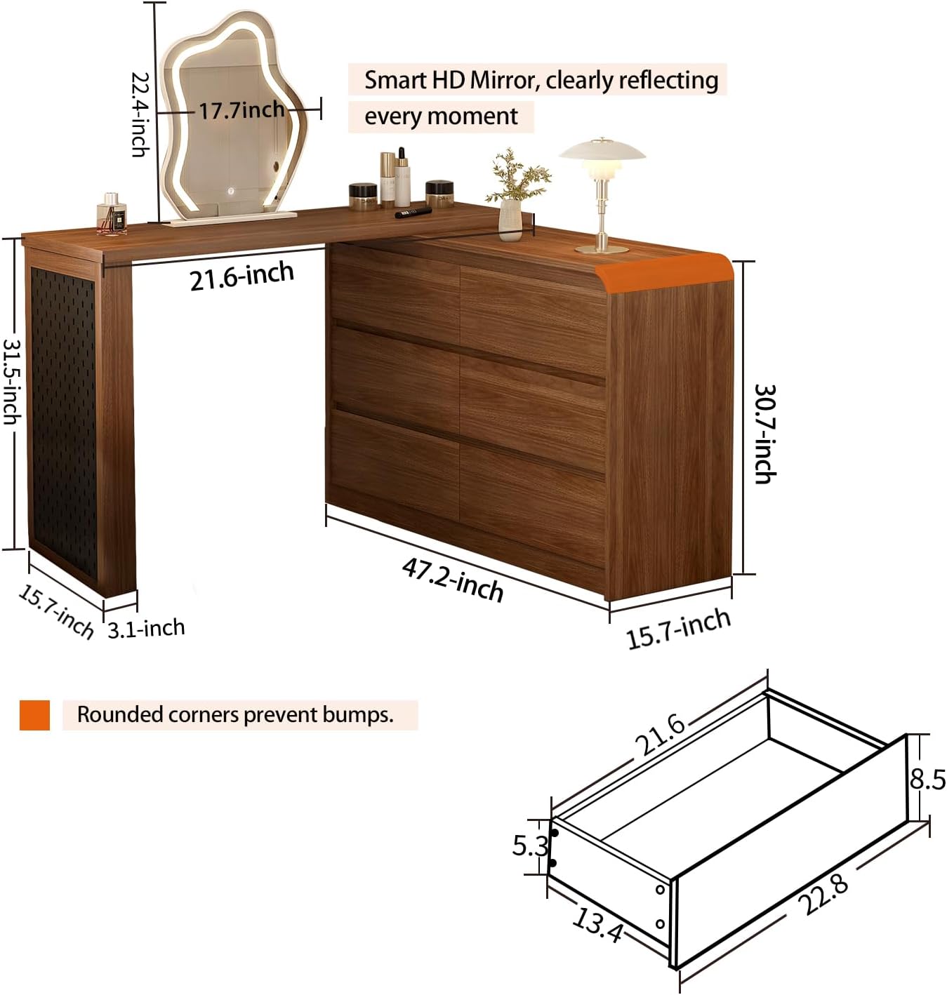 Vanity Desk with Mirror and Lights, Vintage 6 Drawer Makeup Dresser Desk Combo for Women with 50-90 in Adjustable Sturdy L-Shape Makeup Table, Vanity Dresser Combo for Bedroom, Without Stool, Walnut