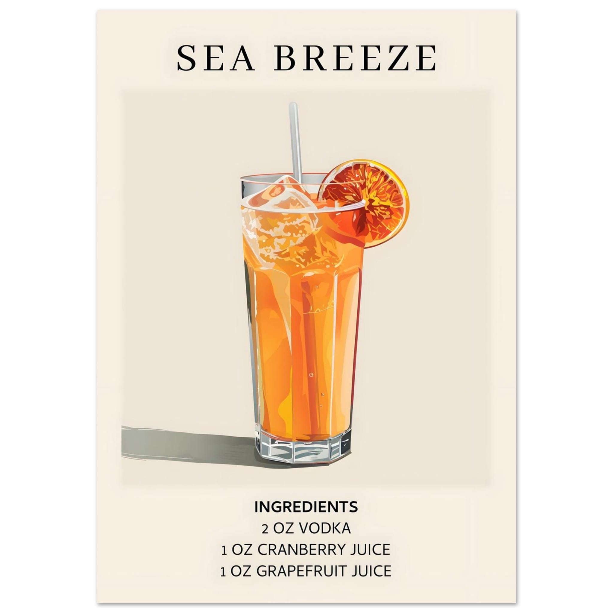 Artfulprints Poster Sea Breeze cocktail - Ingrediënten  - A4 21x29.7 cm - Oranje