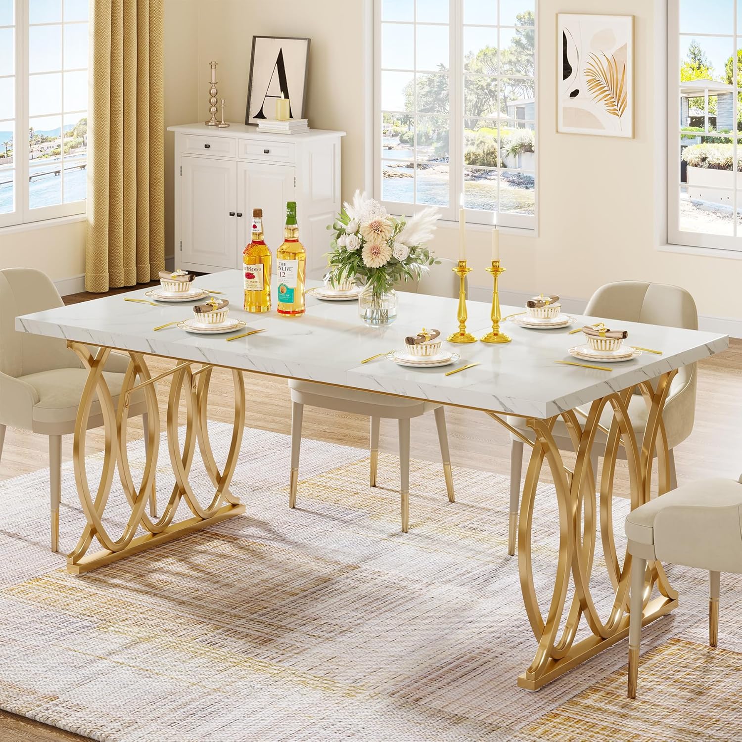 Tribesigns Modern Dining Table, 63 Large Kitchen Table for 4-6 People, Unique Rectangular Dinner Table Kitchen & Dining Room Furniture with Faux Marble Tabletop and Geometric Legs