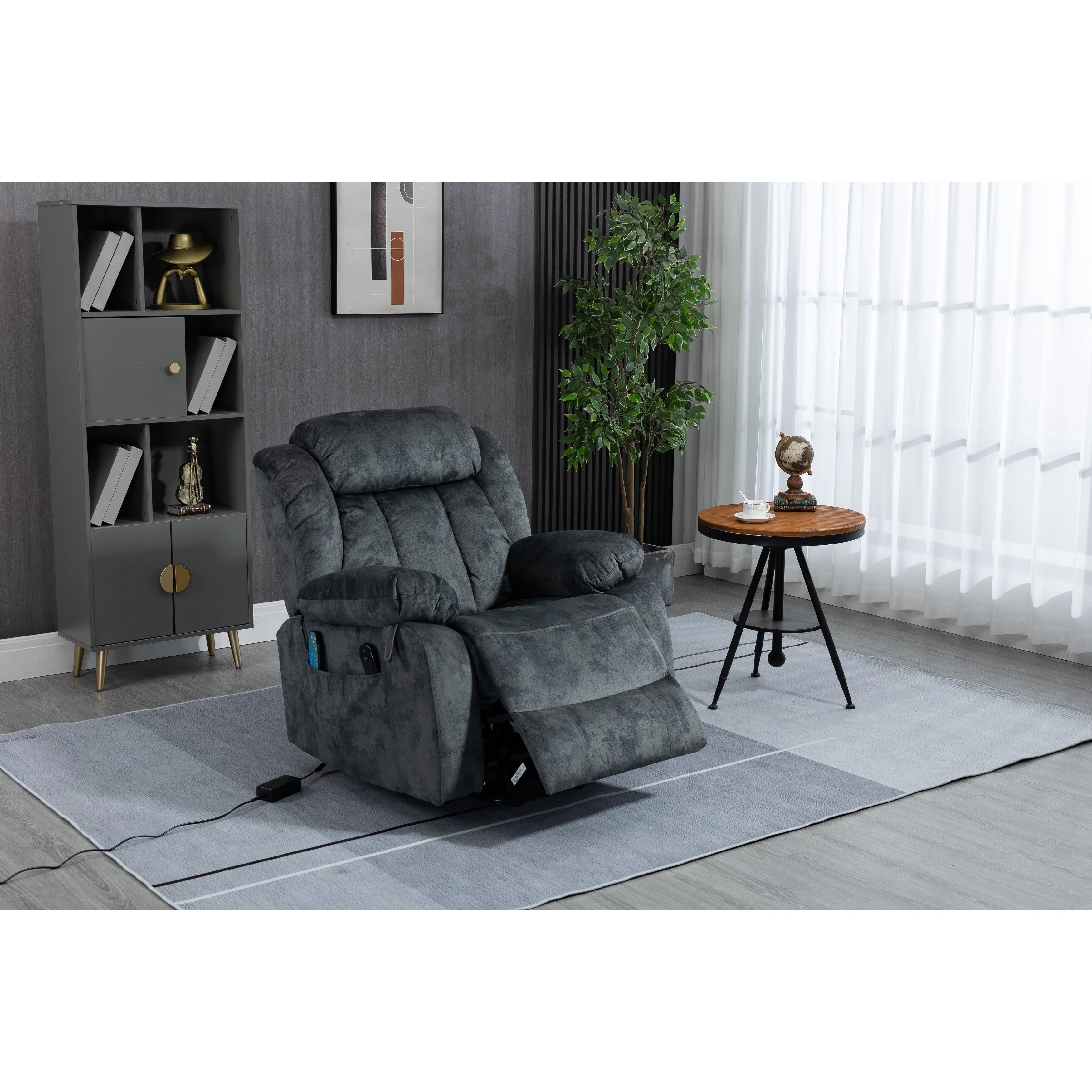 Oversized Velvet Upholstered Power Lift Recliner with Massage, Lumbar Heating, 2 Side Pockets, USB Port