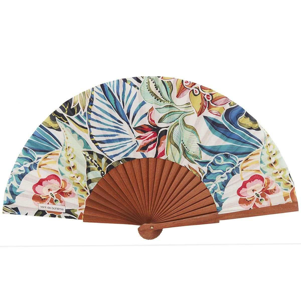 BAMBOO - Éventail en bois de merisier et coton imprimé tropical