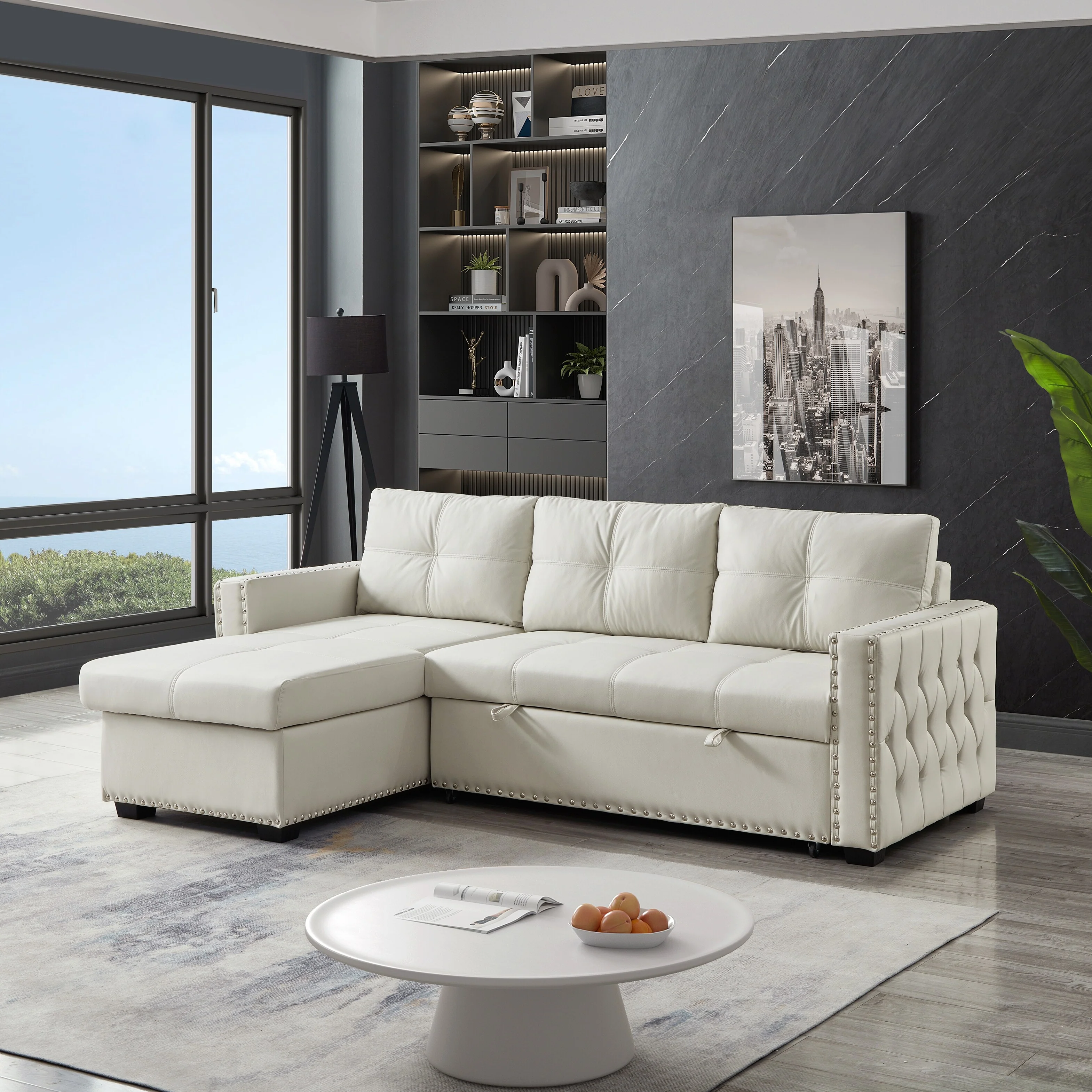 Beige 88'' Convertible 3-Seater Sofa Bed with Storage Chaise, Pull-Out Bed, Nailhead Trim