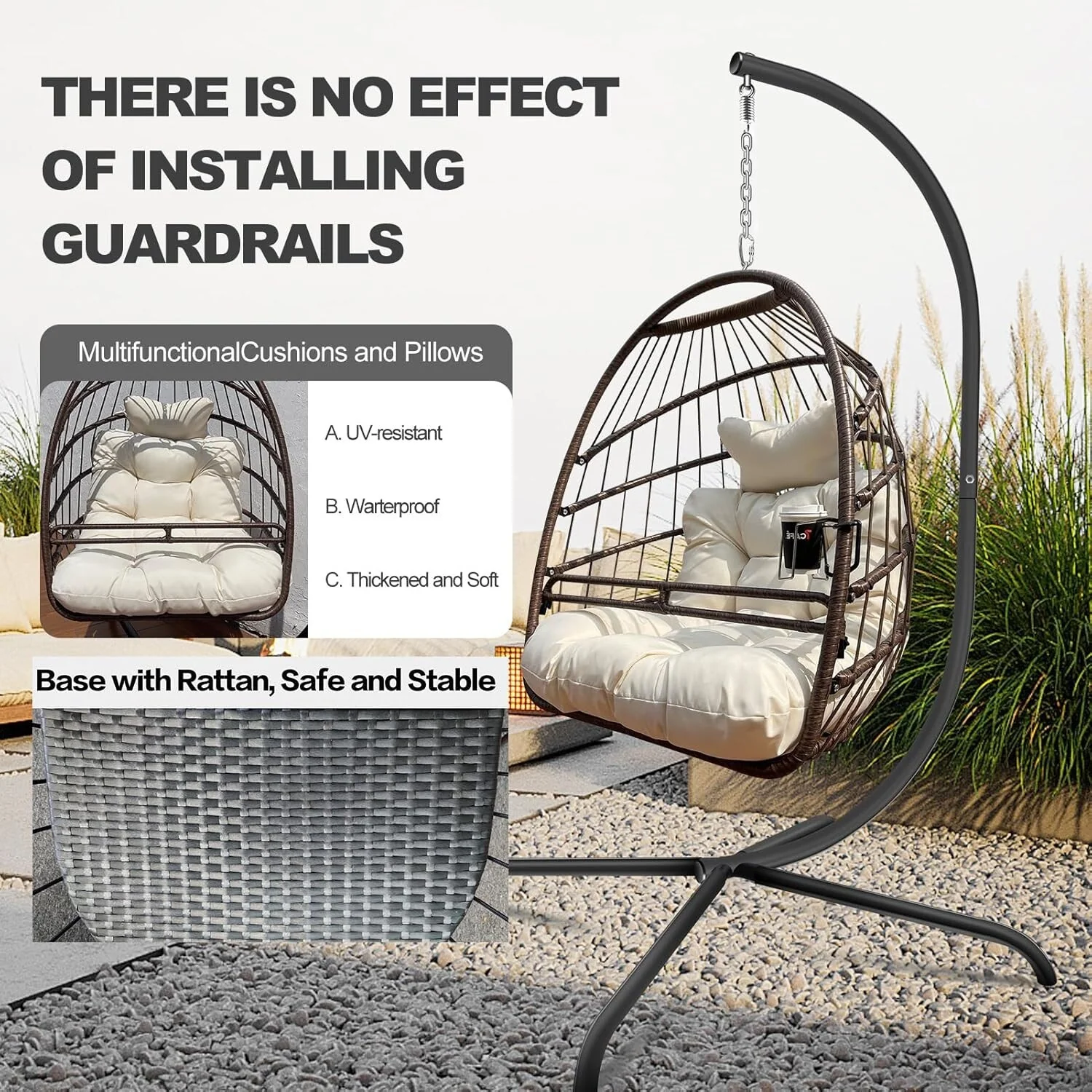 Foldable Hanging Basket Egg Chairs Swing Hammock Chairs with Guardrail & Cup Holder Rattan Lounge Rocking Chair with C-Stand