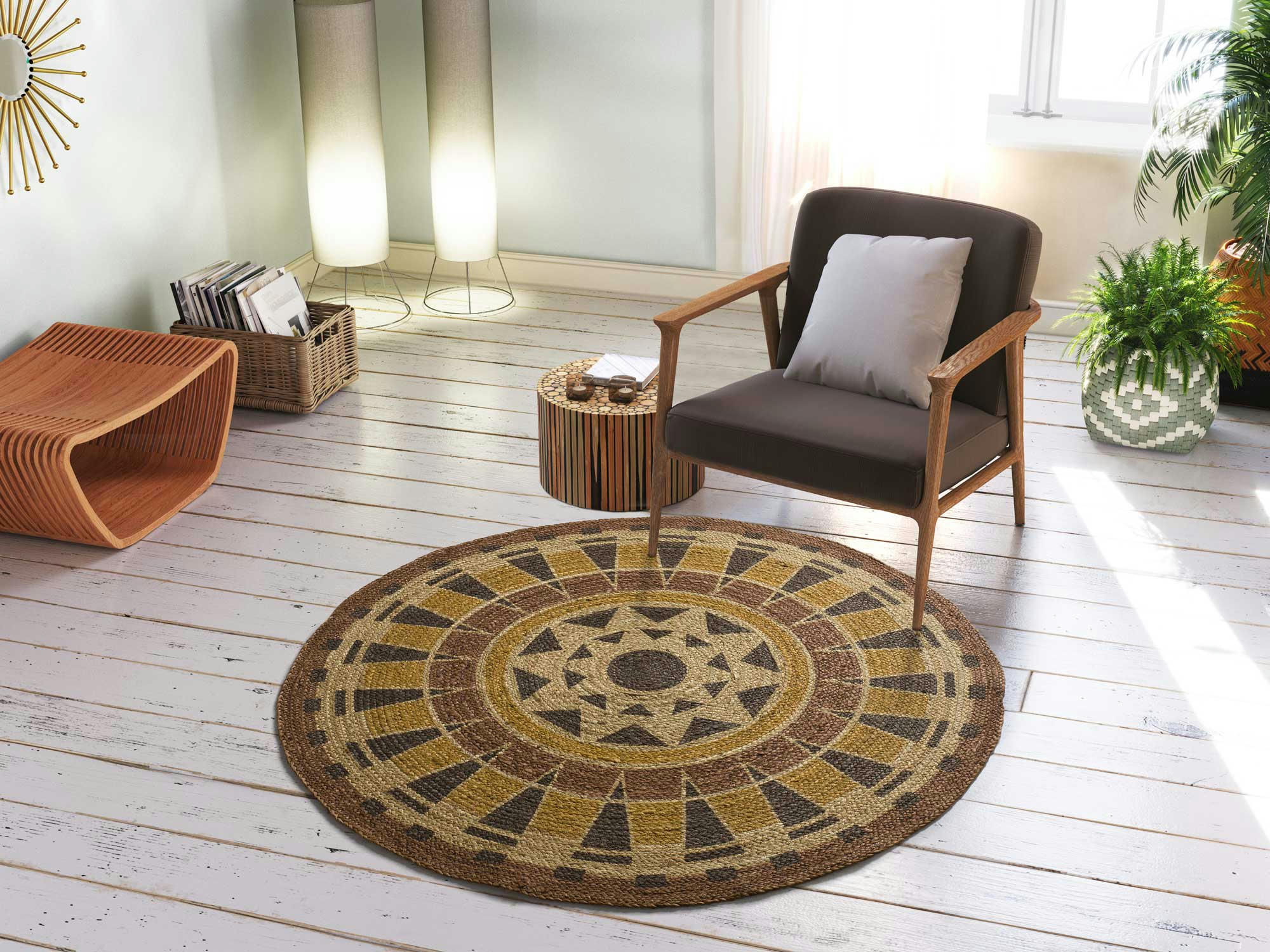 TONGA - Tapis rond en jute au design ethnique multicolore, 90X90 cm