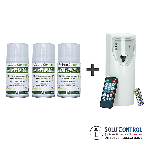 Diffuseur d'aérosol automatique avec télécommande et piles  3 Aérosols Insecticides au Pyrèthre Végétal 250ml