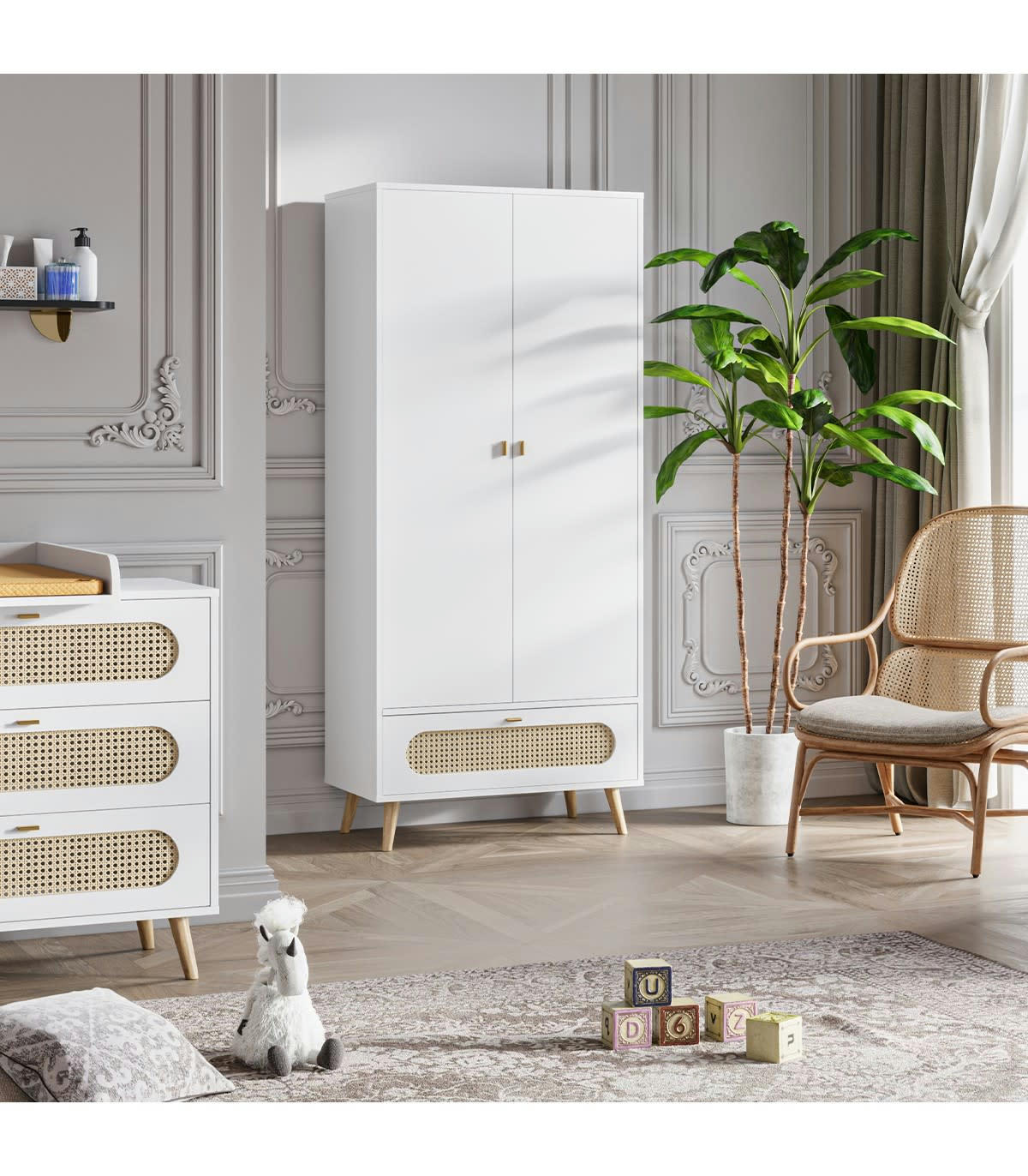 CANNE - Armoire 2 Portes et 1 Tiroir avec Cannage en Rotin L85cm