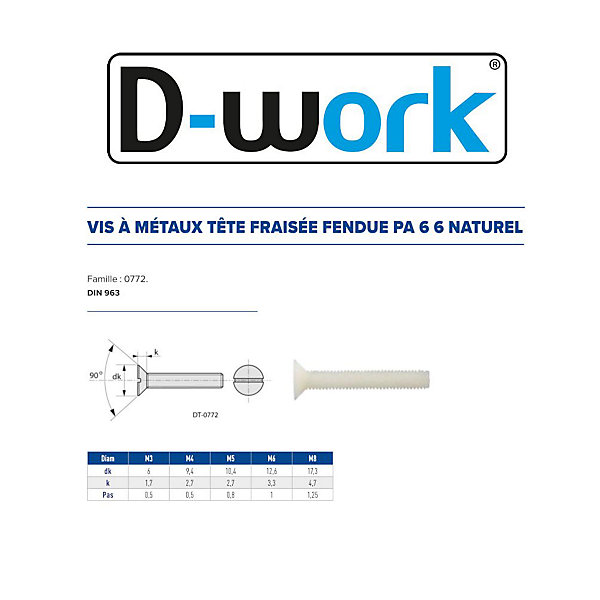 200 Vis Métaux Tête Fraisée Fendue 5 x 25 mm - DIN 963 - Polyamide - D-Work