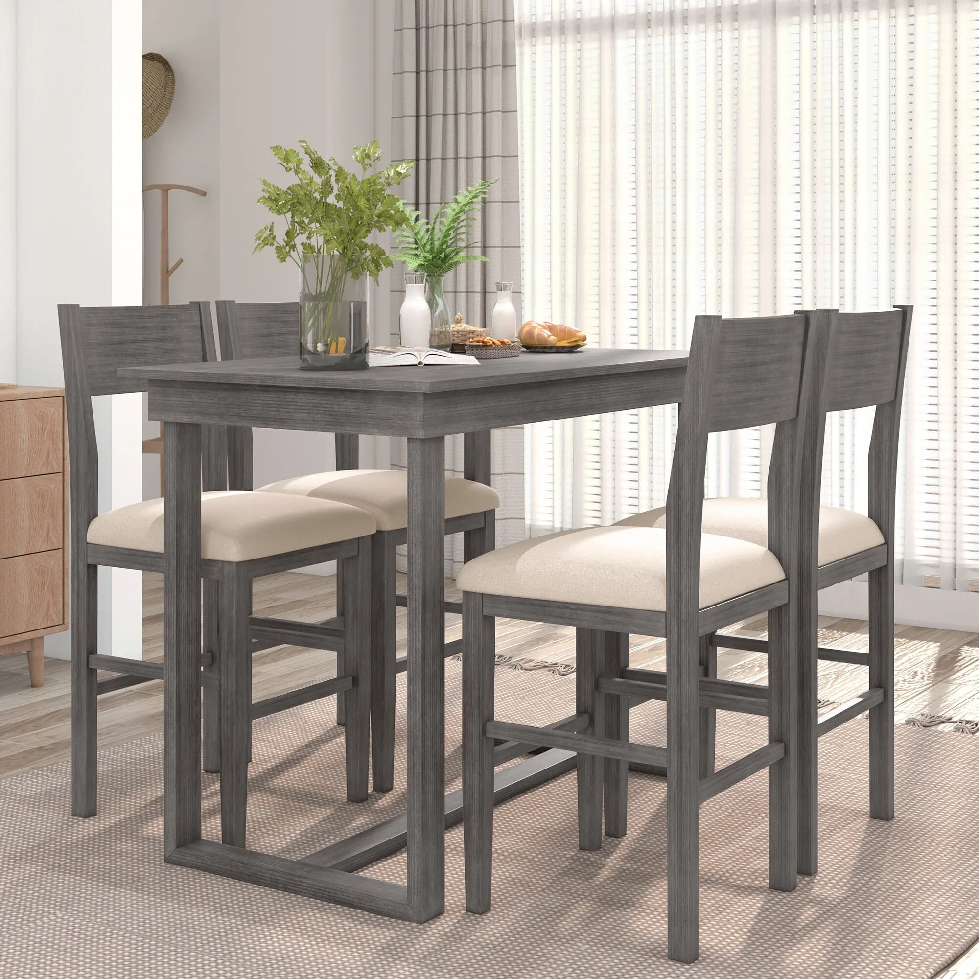 Roomfitters Farmhouse 5-Piece Counter Height Dining Table Set with Rectangular Table and 4 Chairs