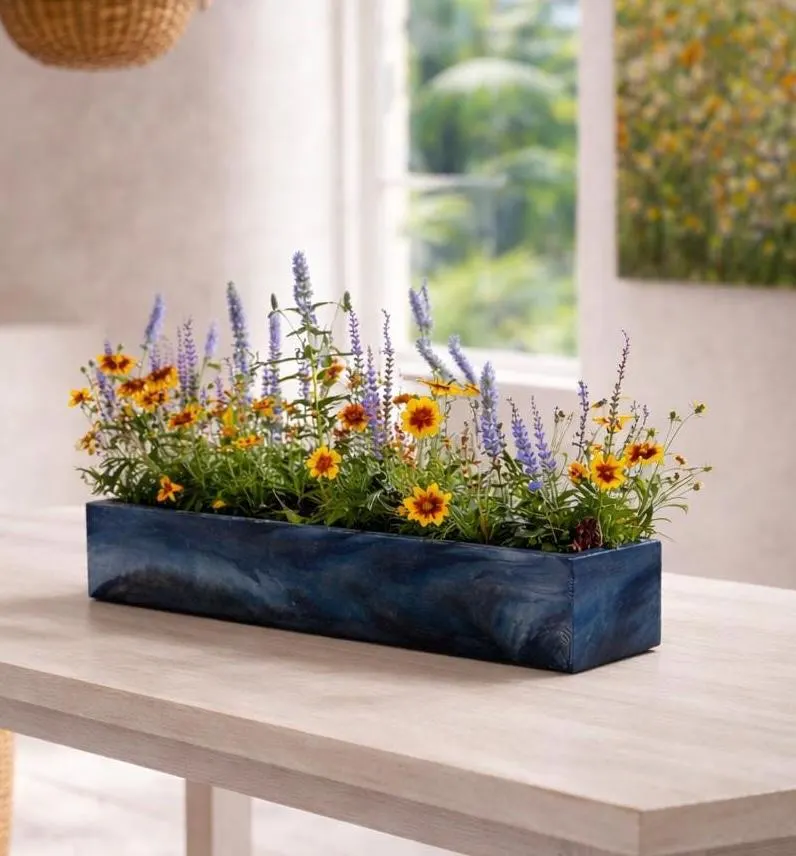 12 inch Cement Windowsill Planter with Drainage Handmade Glossy Seal Table Centerpiece for Florals Long Thin Planter for Small Spaces