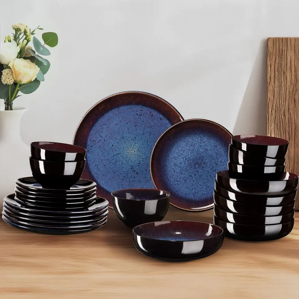 tectake Serviesset Mare van aardewerk, voor 6 personen, Blauw/Bruin