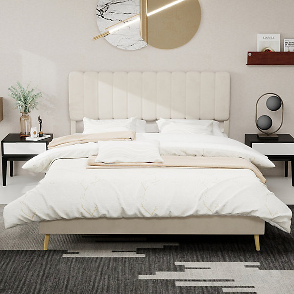 Lit Double 160x200 cm - avec Tête de Lit Douce et Base Basse Anti-Poussière, Cadre Confortable, en Velours, Beige, Sans Matelas
