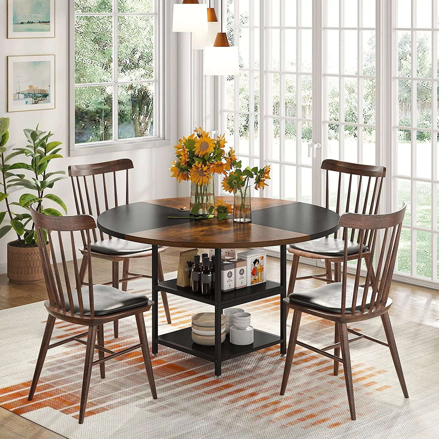 Kitchen Table Dining Table for 4 with Storage Shelf Metal Legs Wood Table Top for Home Dining Room Living Room