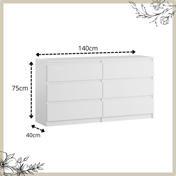 Komoda BASIC 6 szuflad – Biała | 140x75x40 cm