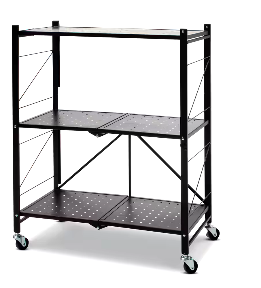 type A Perspective 3-Tier Foldable Storage Rack with Wheels, Black