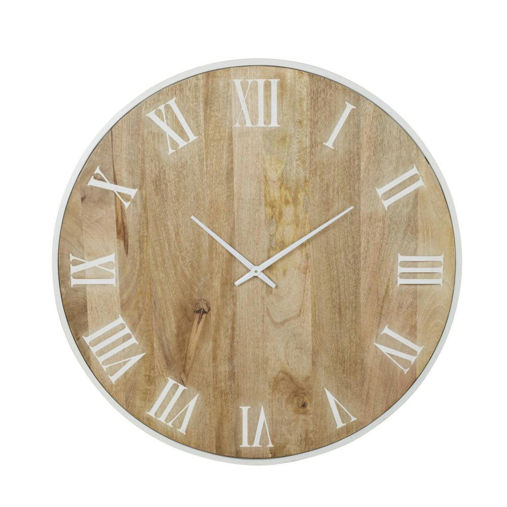 ALVA - Horloge murale en bois de manguier marron et métal blanc D94