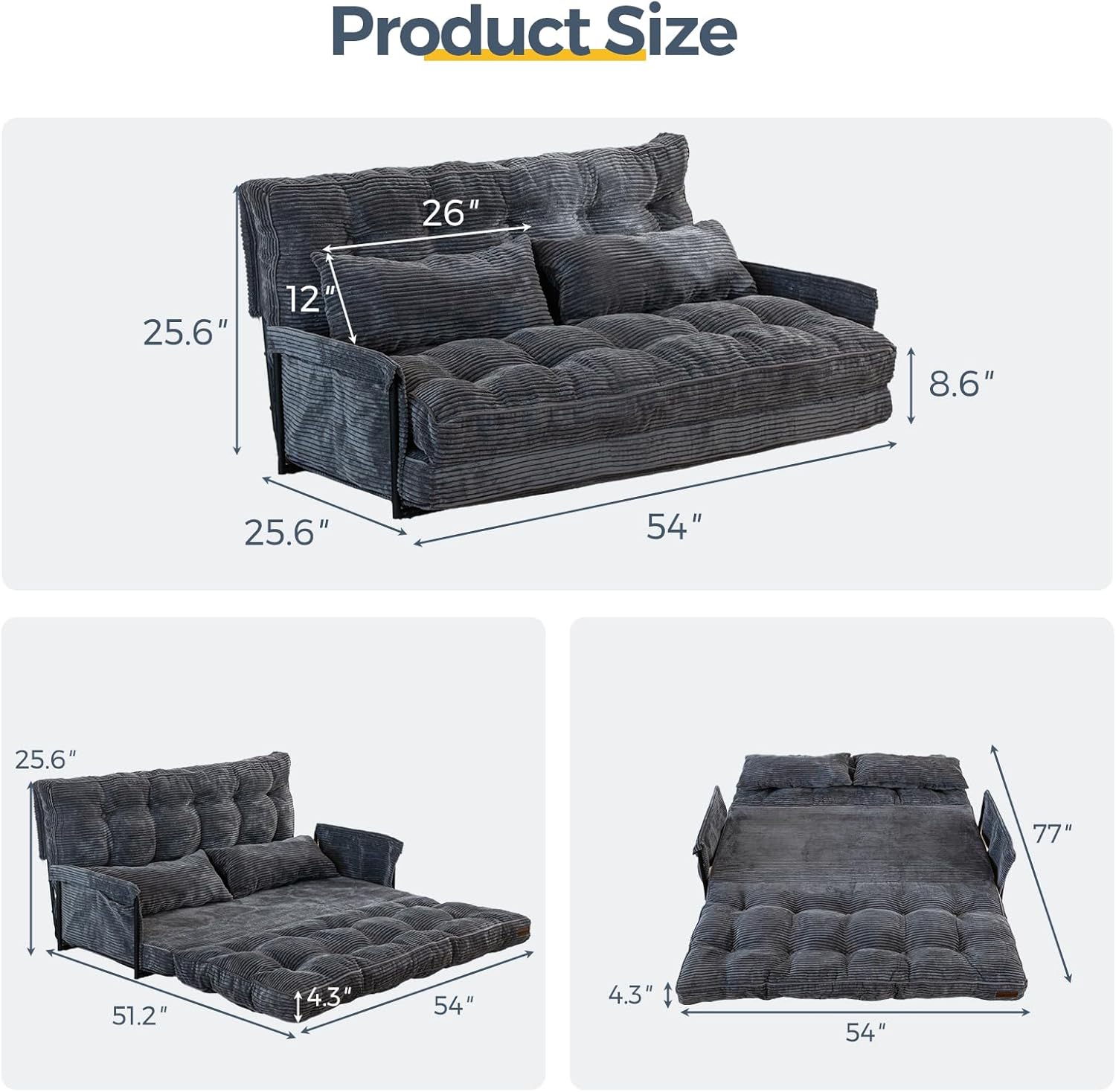 MAXYOYO Adjustable Floor Sofa Couch with 2 Pillows, Multi-Functional Bean Bag Bed, 5-Position Foldable Lazy Sofa Sleeper Bed with Armrest, Versatile Floor Seating for Reading, Dark Grey, Double
