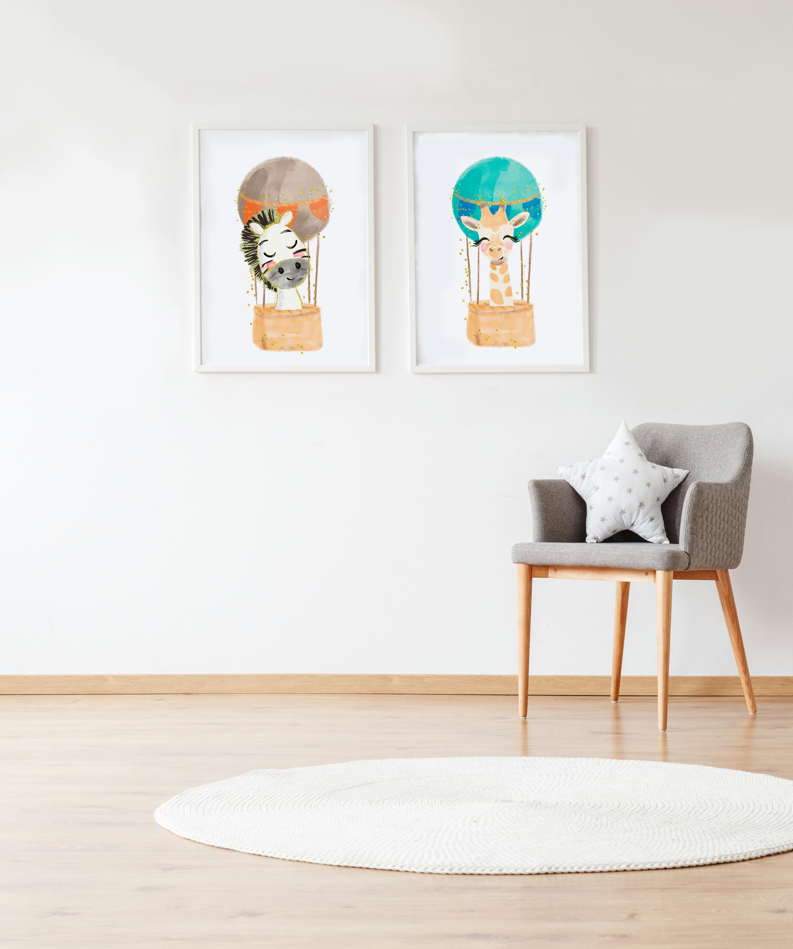 DECOWALL - Pack encadré bois blanc impression le zèbre ballon et girafe 43X33 cm