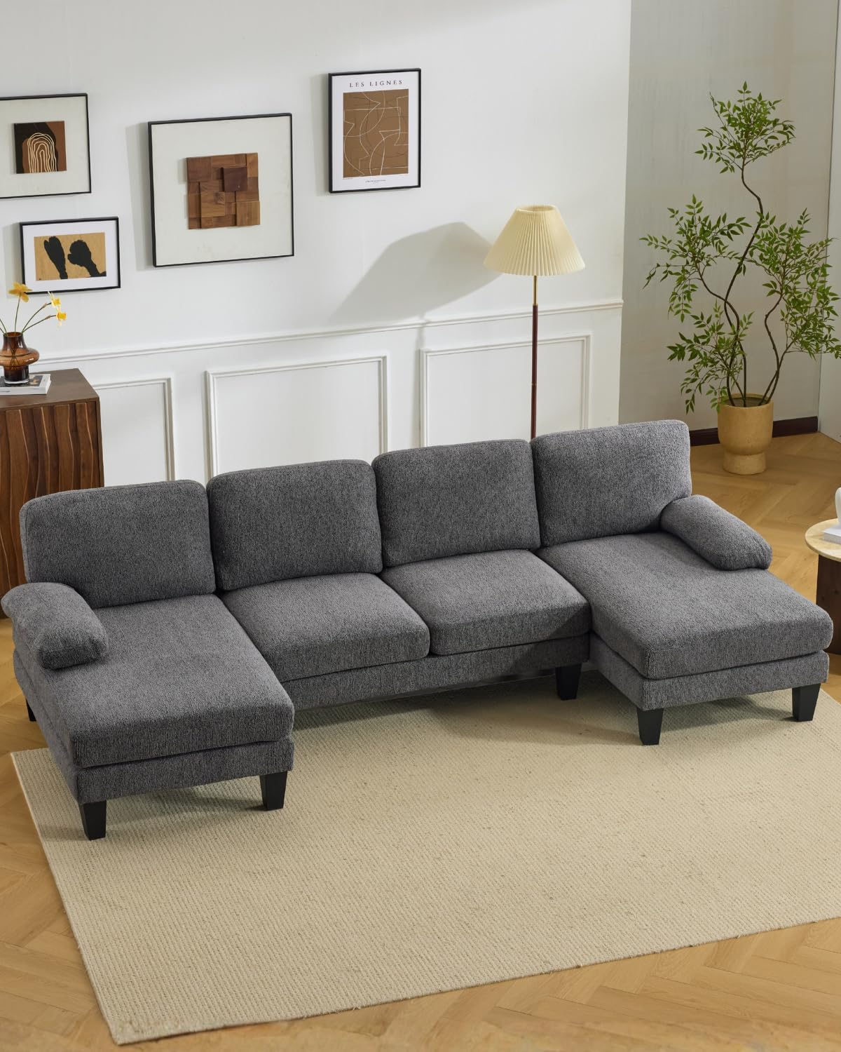 Karl home 110 U-Shape Sectional Couches for Living Room Chenille Upholstery 4 Seat Sofa Set with Double Chaises & Wood Grain Legs for Apartment, Dark Grey