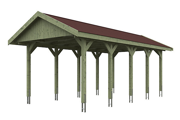 Carport SKAN HOLZ Wallgau 380 x 750 cm, imprégné vert, avec bardeaux rouge