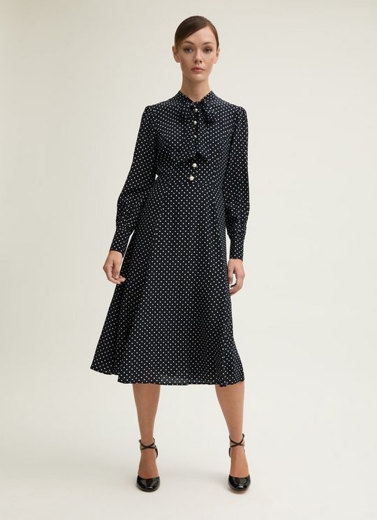 Mortimer Spring Navy & Ivory Silk Spot Tie Neck Dress