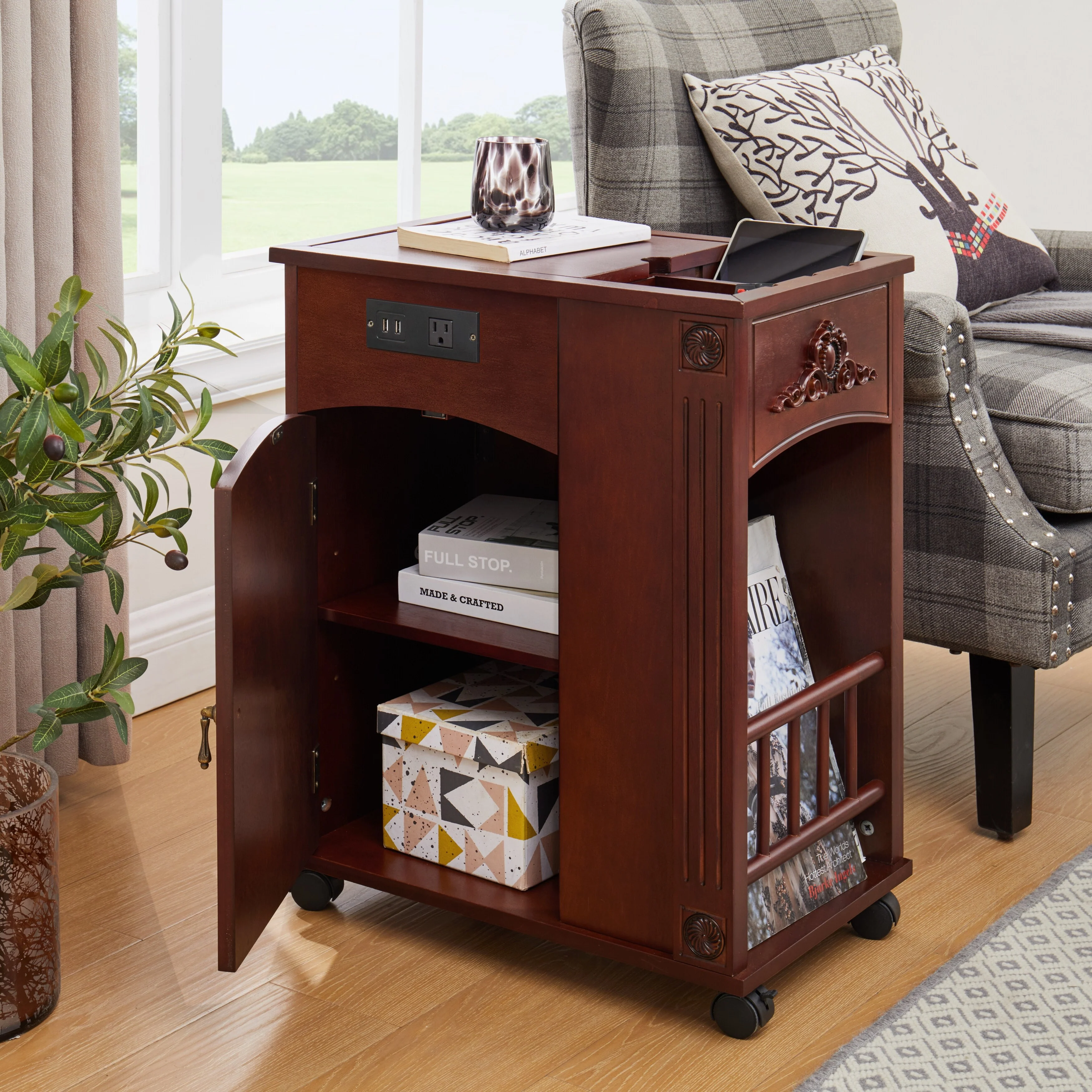 Powered Traditional End Table with Charging Station, Narrow Side Table with USB Ports and Storage,Bedside Tables with Wheels