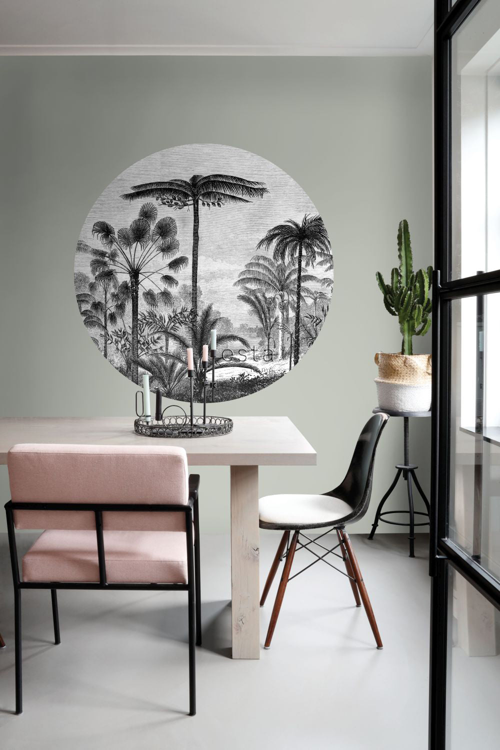 ESTAhome zelfklevende behangcirkel tropisch landschap met palmbomen zwart wit - Ø 140 cm - 159006