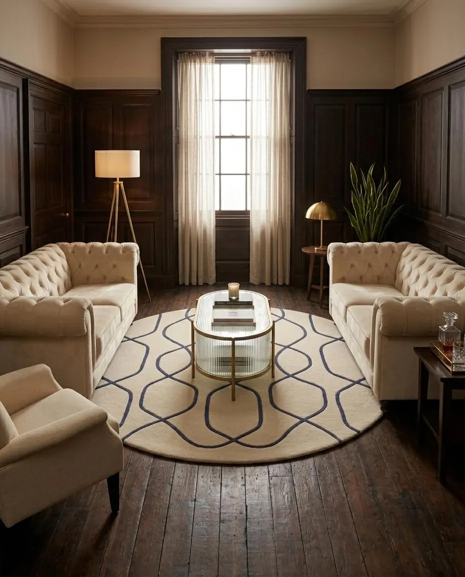 Hand Tufted Ivory Round Rug Navy Blue Geometric - Plush 100% New Zealand Wool Rug 8x8, 10x10, 12x12 Mid Century Modern Luxury Area Carpet