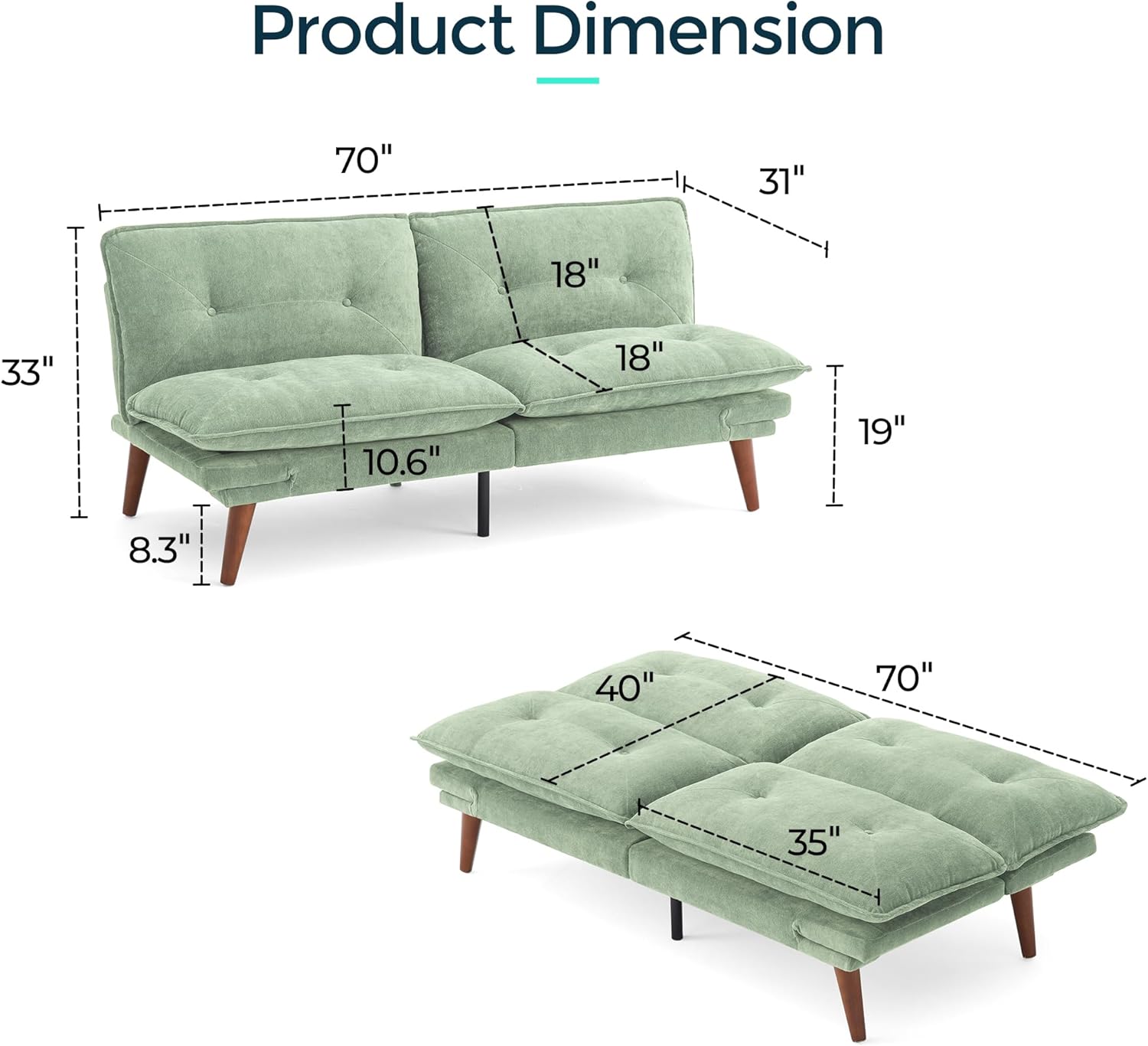 LINSY HOME Futon Sofa Bed, 70 Chenille Futon Couch with Adjustable Backrest Armrest, 3 in 1 Convertible Comfy Loveseat Sleeper Sofa Bed for Small Spaces Dorm Room Apartment Home Office, Light Green