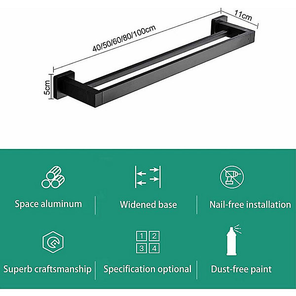 Barre porte-serviettes double noire mate en acier inoxydable, fixation murale à 2 barres (taille : 40 cm)