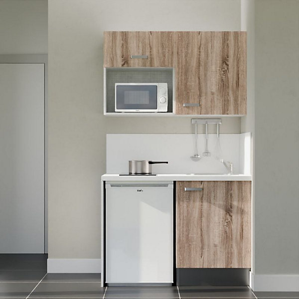 Kitchenette K07 - 120 cm - Façades : Bois - Plan de travail : Blanc - Crédences : Oui - Evier Inox
