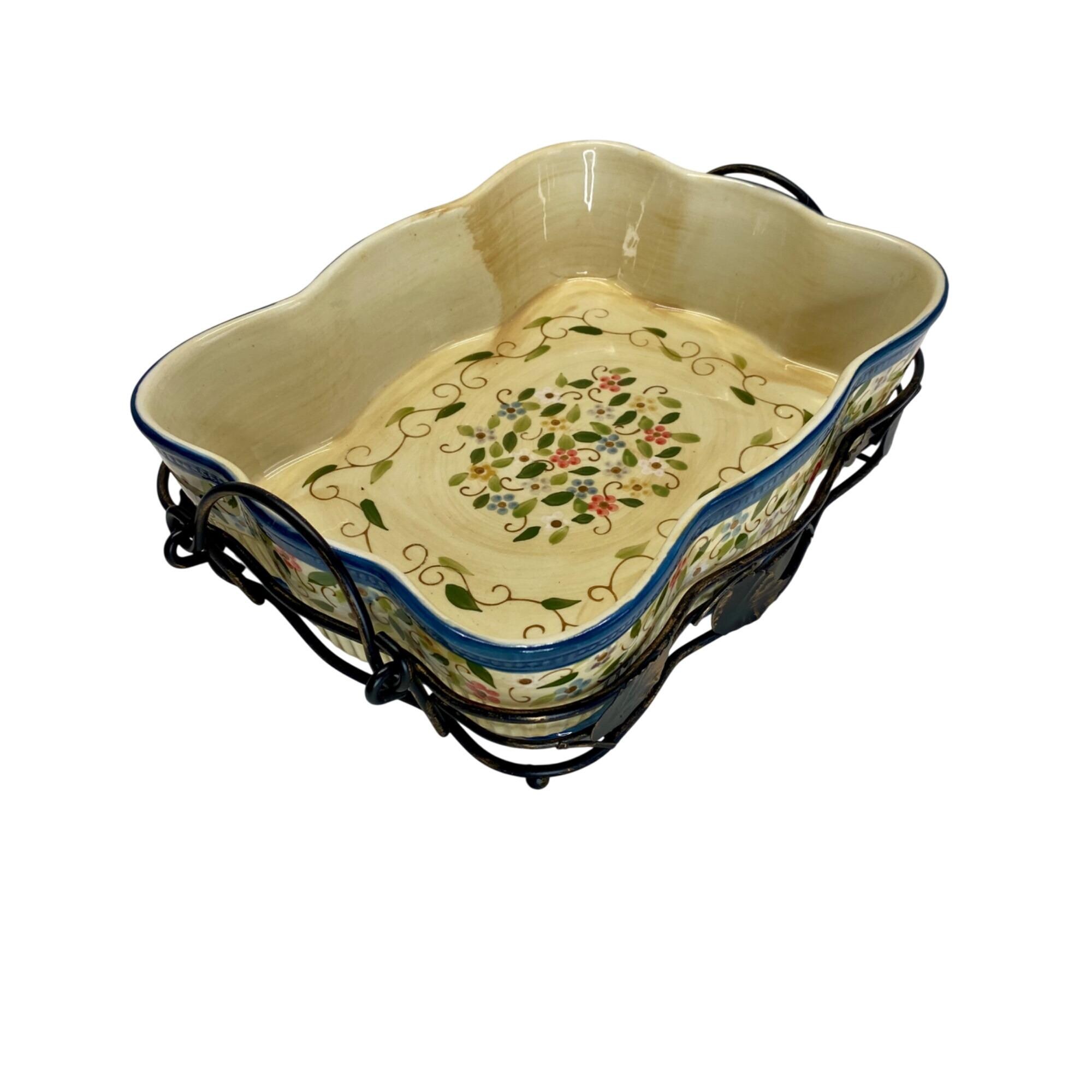 Temptations Ceramic Baking Dish With Metal Rack Floral Design Hand-Painted Oven Safe Decorative Bakeware