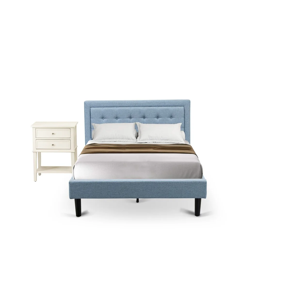 East West Furniture 2-Piece Full Size Bedroom Set with 1 Mid Century Bed and a Bedroom Nightstand - Denim Blue Linen Fabric