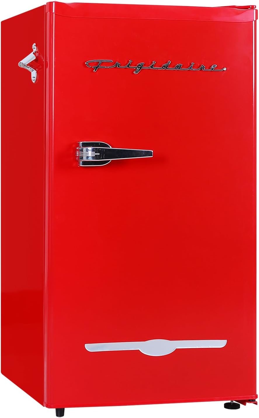 Frigidaire Retro Compact Fridge with Chiller, 3.2 cu ft Countertop Fridge with Built-In Bottle Opener, Compact Refrigerator for Office, Bedroom, Dorm Room or Cabin (Red)
