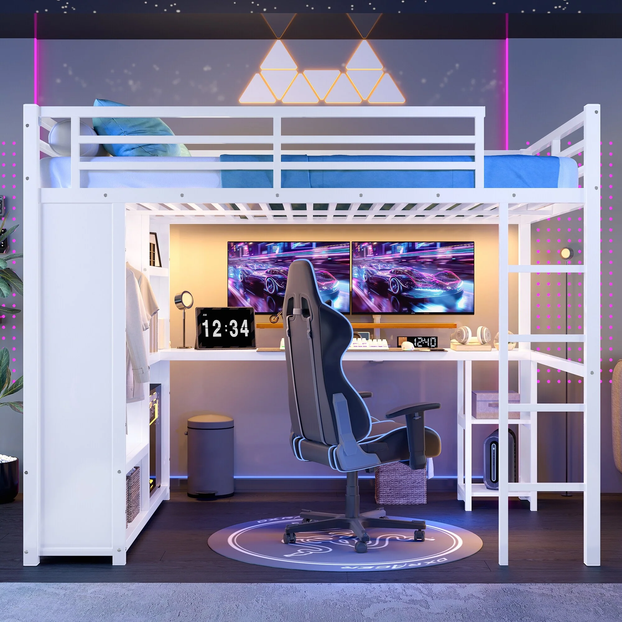 Queen Size Loft Bed Frame with Built-in Wardrobe, Metal Loft Bed with Desk and Storage Shelves