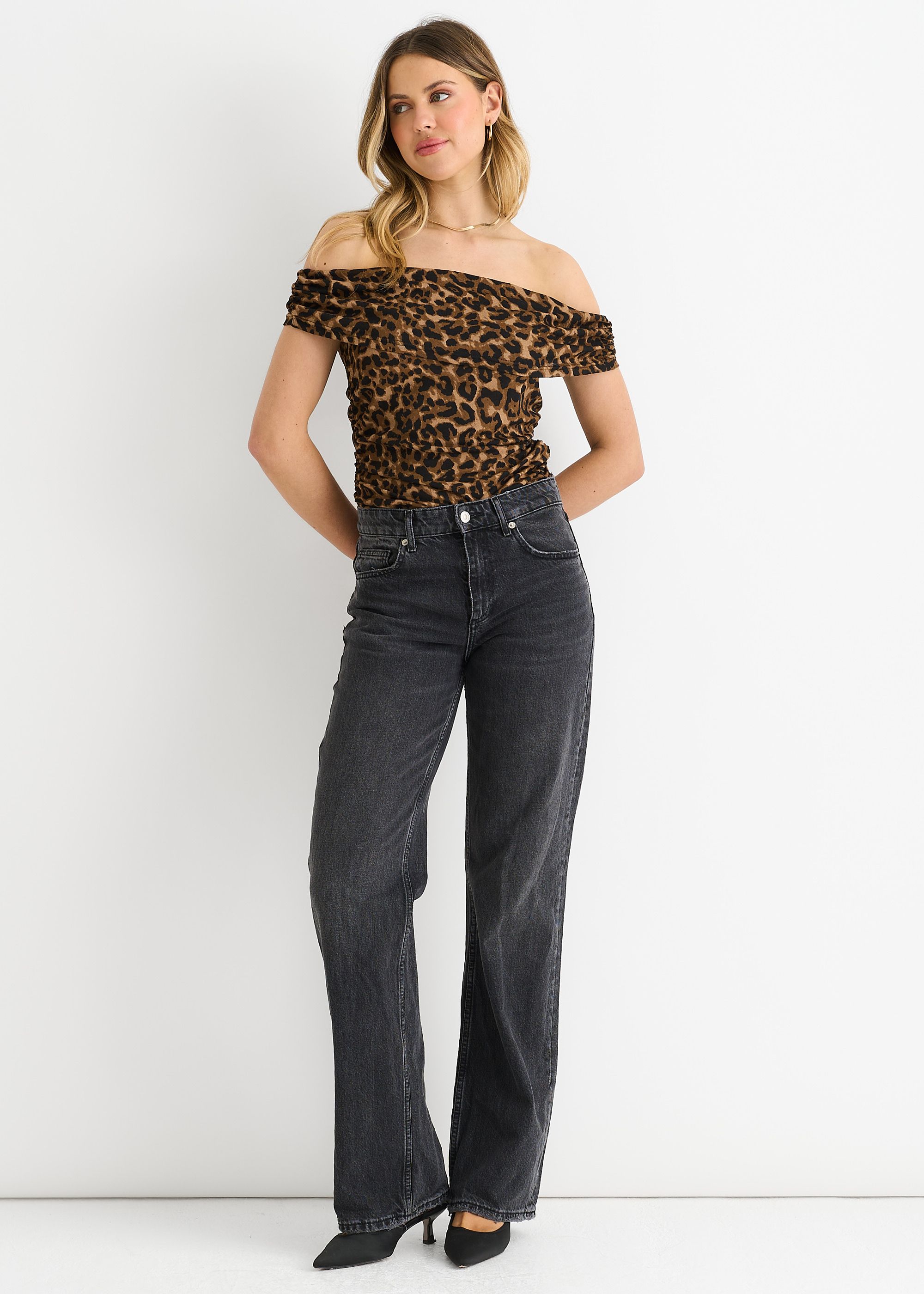 Gini London Brown Animal Print Bardot Jersey Top