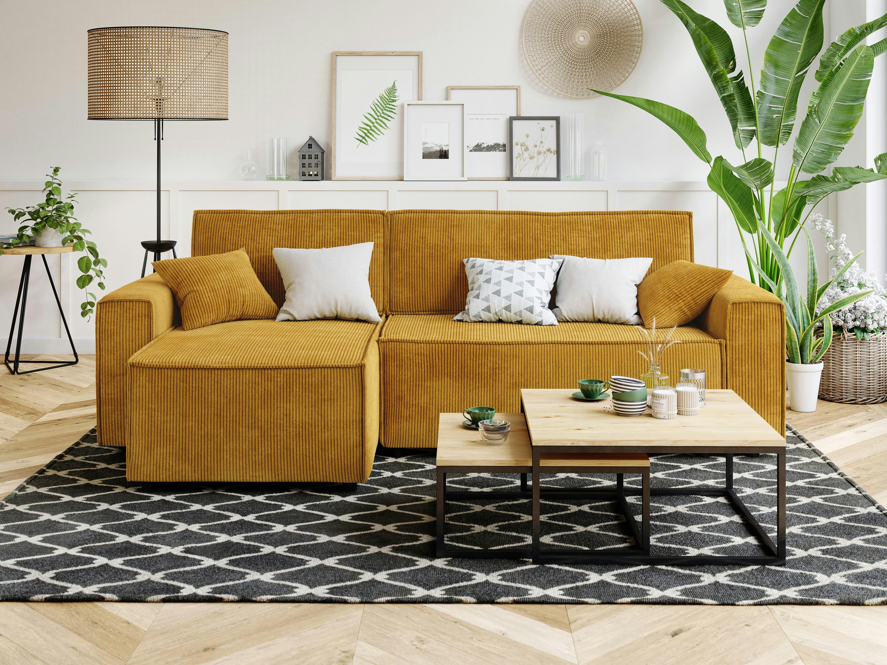 MIRA - Canapé d'angle convertible en velours côtelé 4 places moutarde