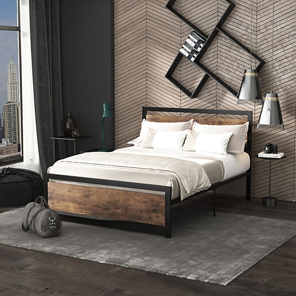 Lit double design industriel - tête de lit, pied de lit et sommier - acier noir MDF aspect bois avec veinage