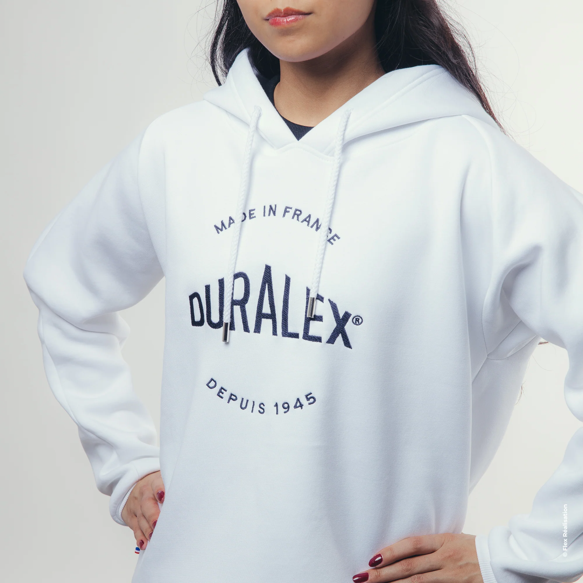 Sweat blanc - Broderie Duralex bleue - Taille L